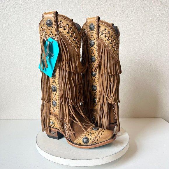 Lane Shoes - NEW Lane Wind Walker Cowgirl Boots Sz 5 Brown Fringe Cowboy Western Wear Conchos